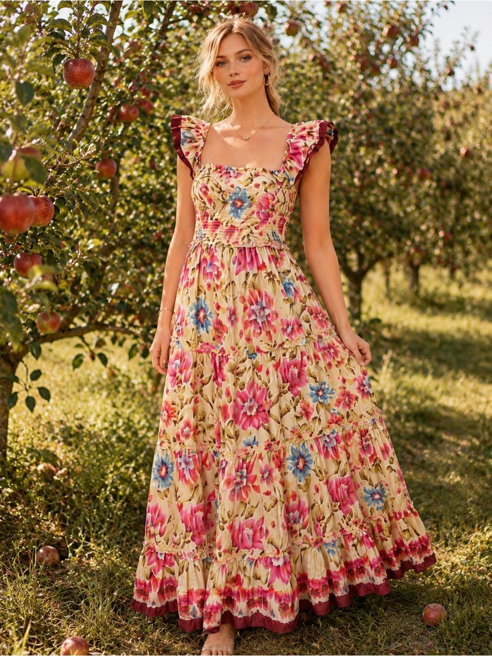 NWT House of Harlow 1960 Zoey Khaki Floral Whimsy Fairy Smock Pocket Maxi Dress